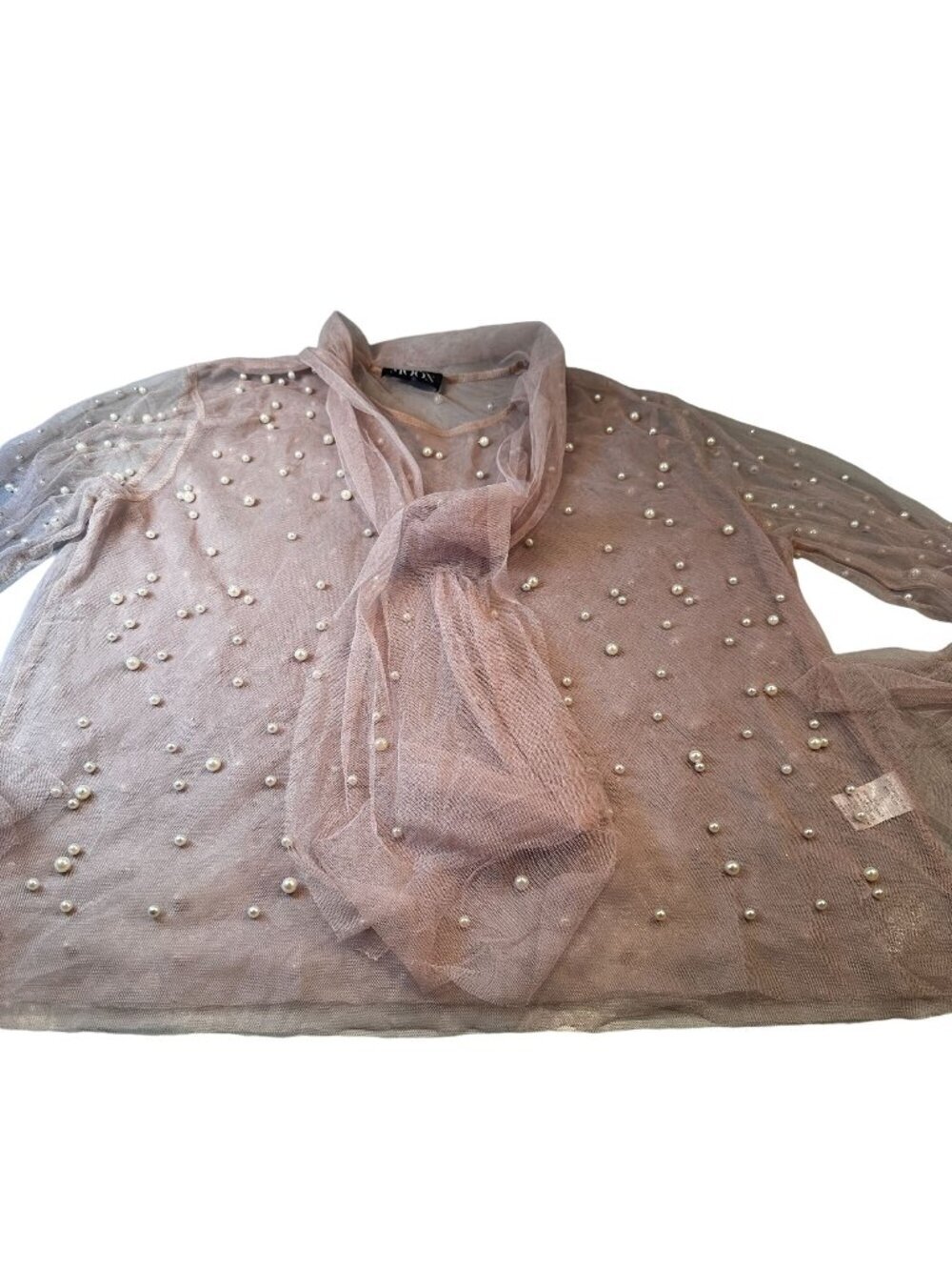 The Moon Pearl Sheer Mesh Blouse Womens Scarf Balloon Long Sleeve High Neck